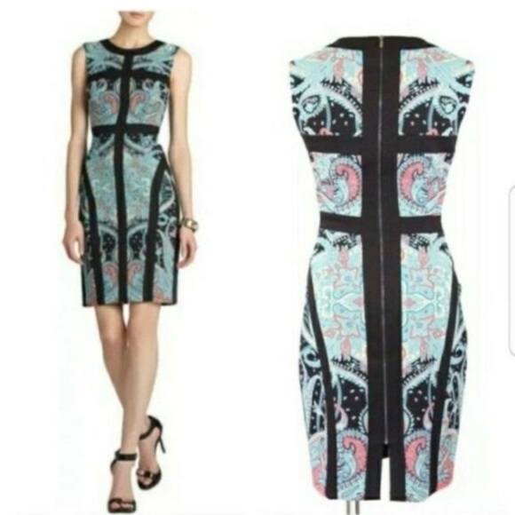 BCBGMaxAzria Dresses & Skirts - BCBGMaxAzria Tahiti Black, Blue, pink lined sleeveless Paisley sheath Dress sz 2